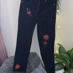 H&M Mid Rise Black Distressed Embroidered Jeans